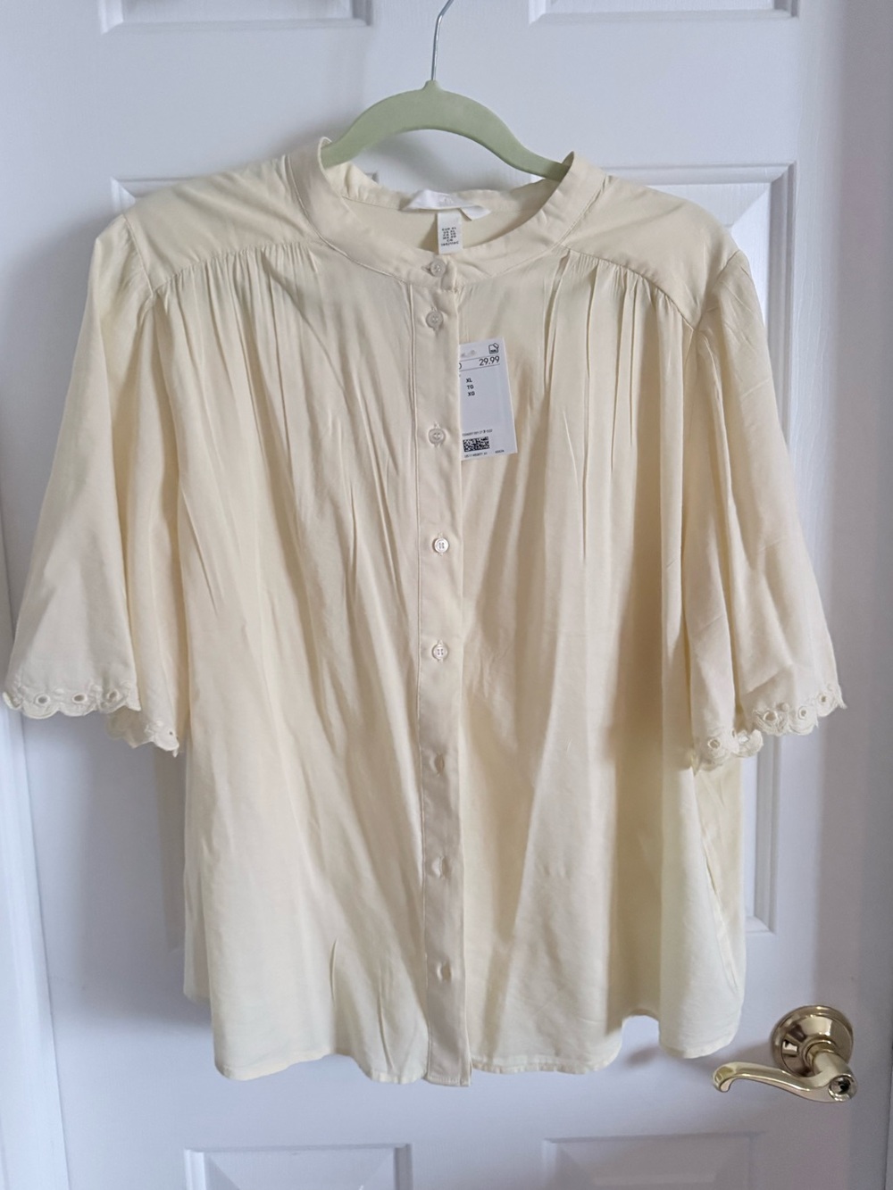 NWT Light Butter Yellow Cotton Flutter-Sleeve Blouse with Pearl Button H&M Shirt